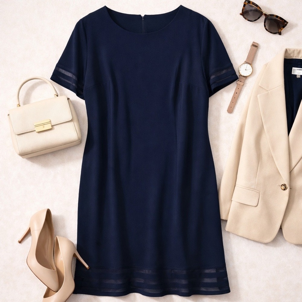 Eliza J Navy Sheath Dress Plus Size‎ 14W Work Office Career Midi Sheer Hem